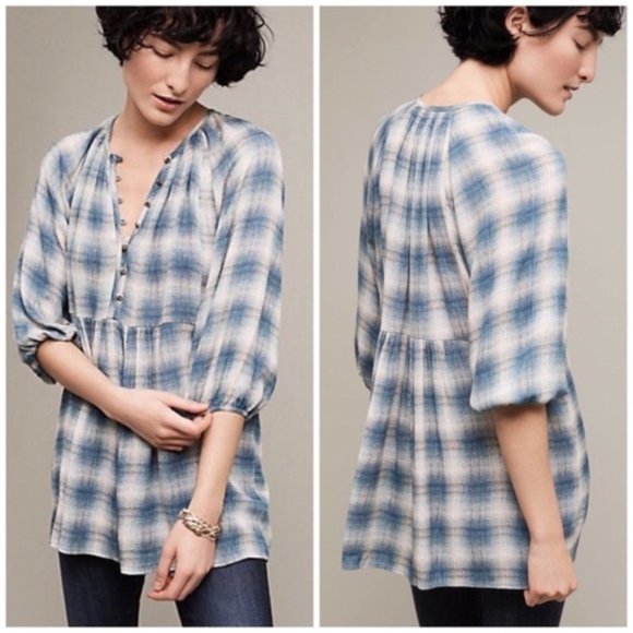 Anthropologie Maeve Blue Cavalon Plaid Peplum Top - Picture 1 of 7